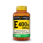 Mason Natural Vitamin E 400 IU (180 mg) – Antioxidant Support, 100 Softgels. Image of front of vitamin E bottle.