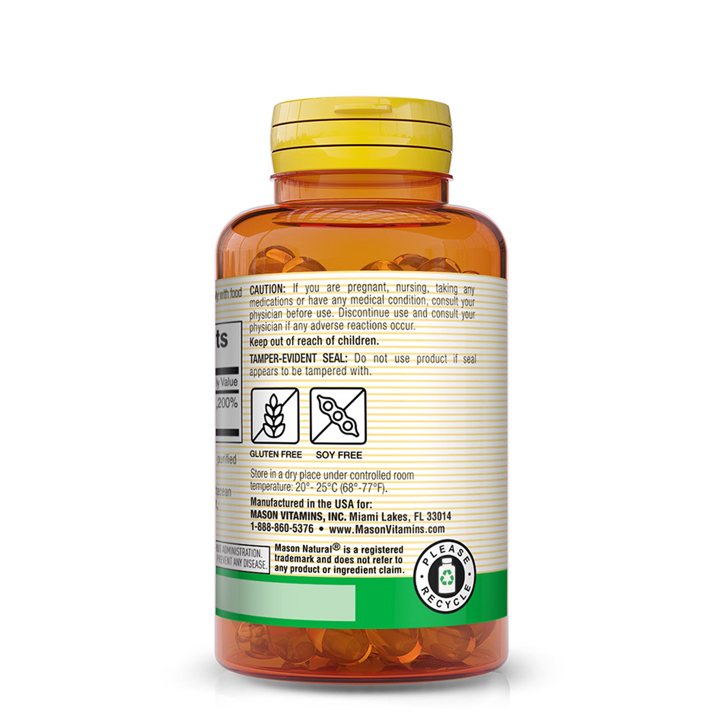 Mason Natural Vitamin E 400 IU (180 mg) – Antioxidant Support, 100 Softgels. Image of side of vitamin E bottle.