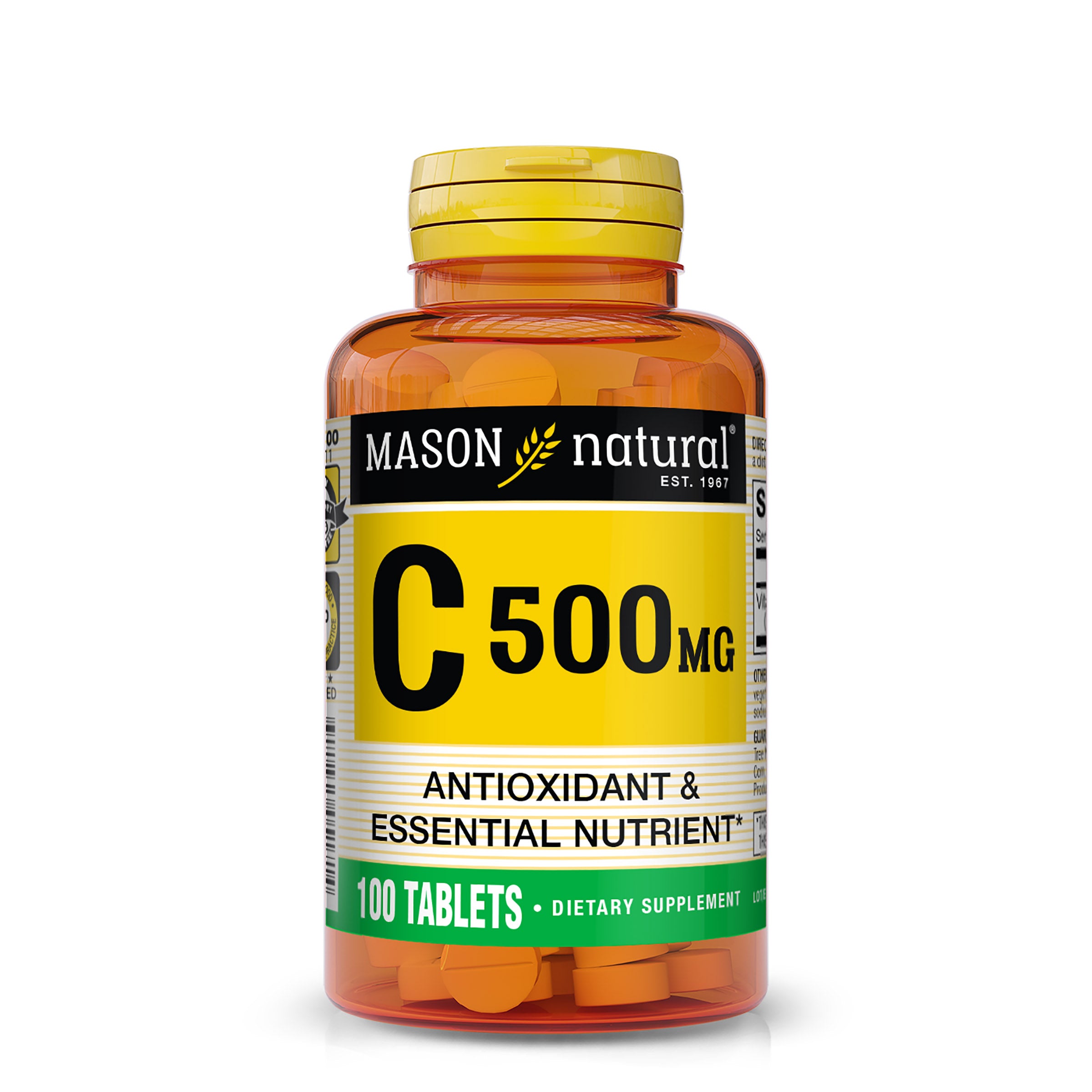 Mason Natural Vitamin C 500 mg – Immune & Antioxidant Support, 100 Tablets. Front image of supplements bottle.