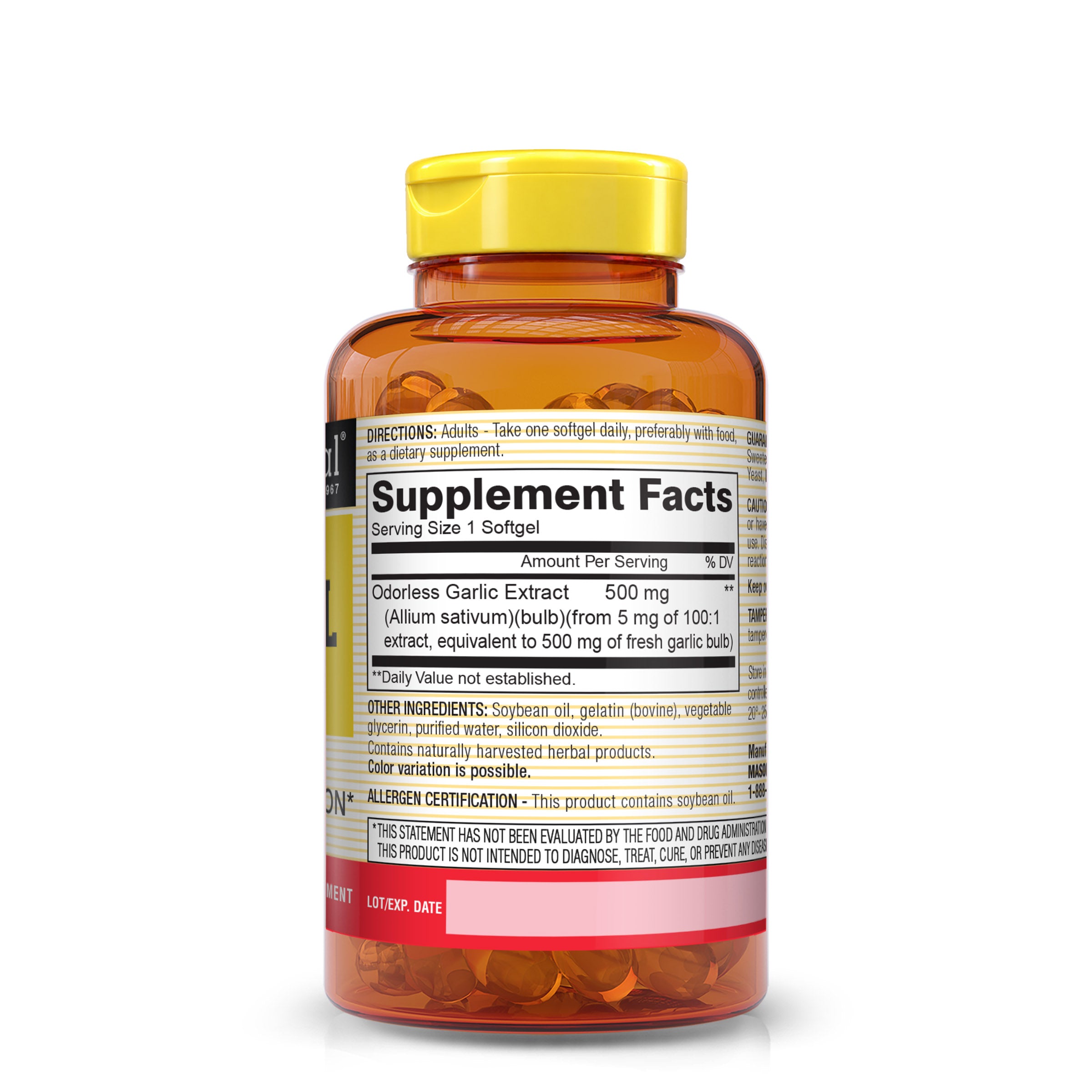 Garlic Oil 500 mg Odorless Allium Sativum Supplement - Supports Healthy Circulatory Function, 100 Softgels