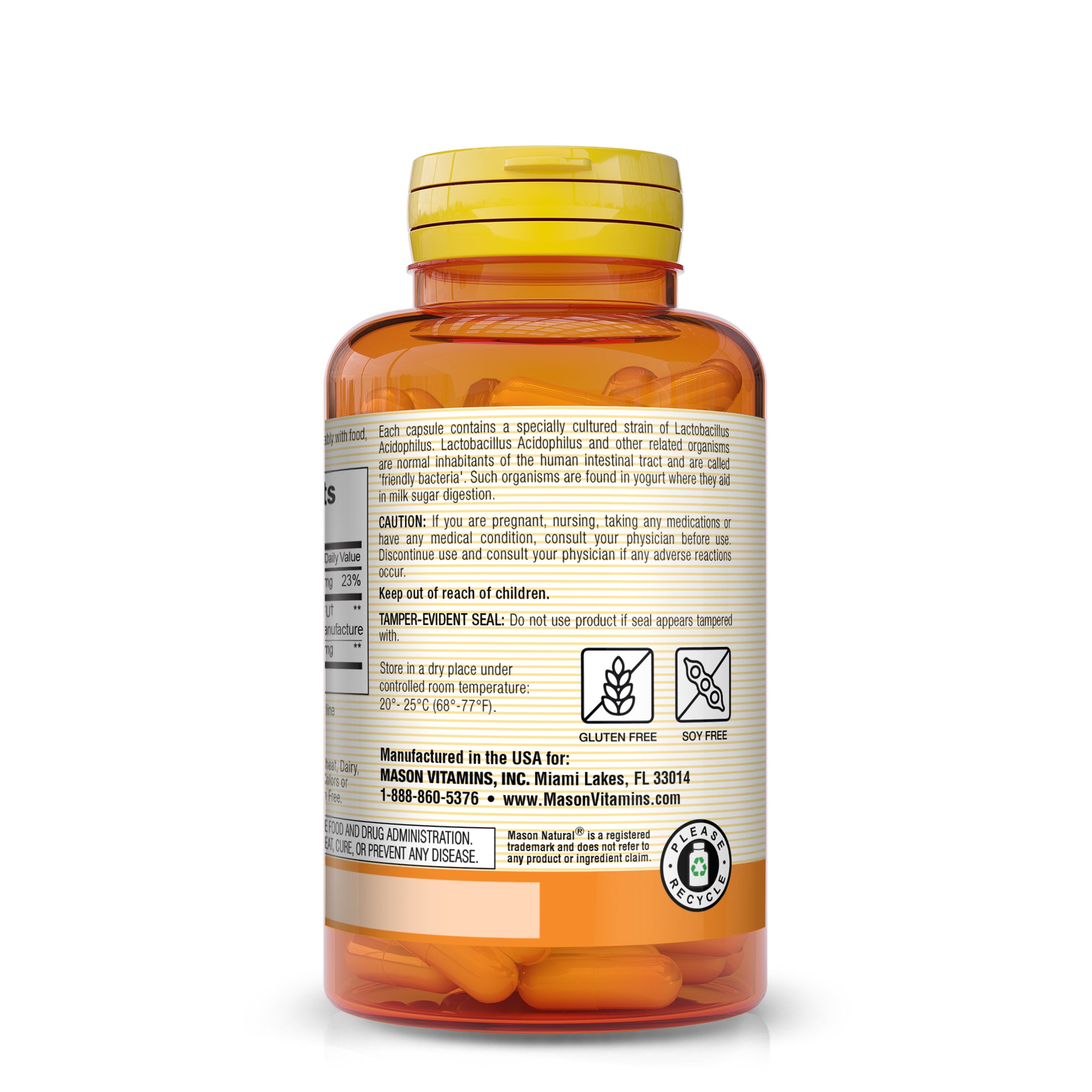 Mason Natural Probiotic Acidophilus with Pectin & Calcium – Digestive & Gut Support, 100 Capsules. Image of side of supplement bottle.