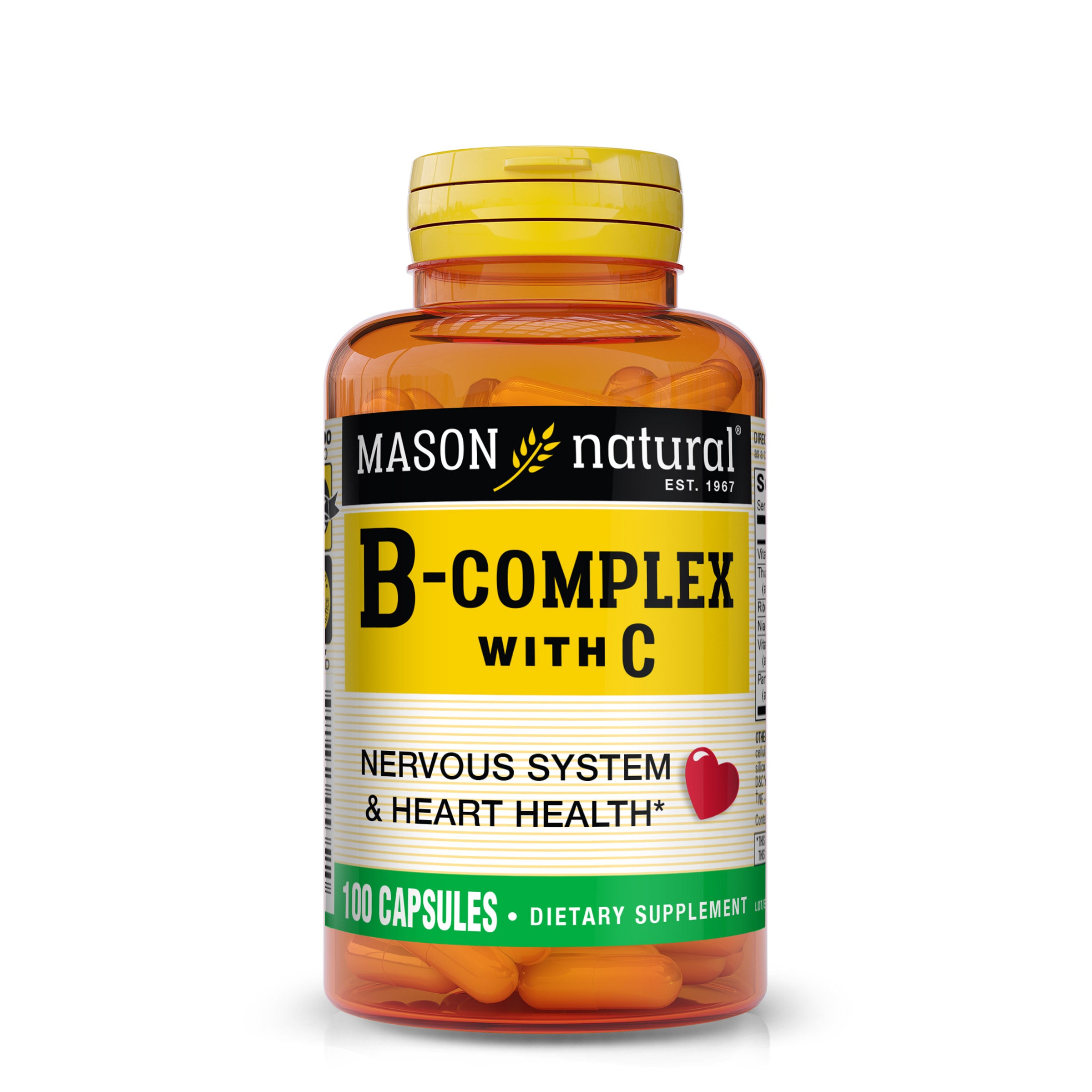 Mason Natural Vitamin B-Complex with Vitamin C – Nervous System & Energy Support, 100 Capsules. Image of front of supplements bottle.