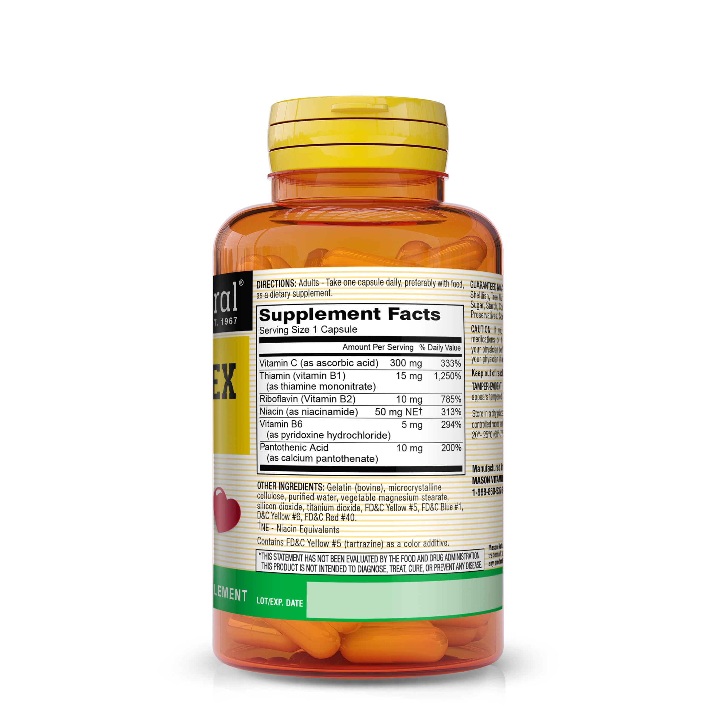 Mason Natural Vitamin B-Complex with Vitamin C – Nervous System & Energy Support, 100 Capsules. Image of back of supplements bottle.