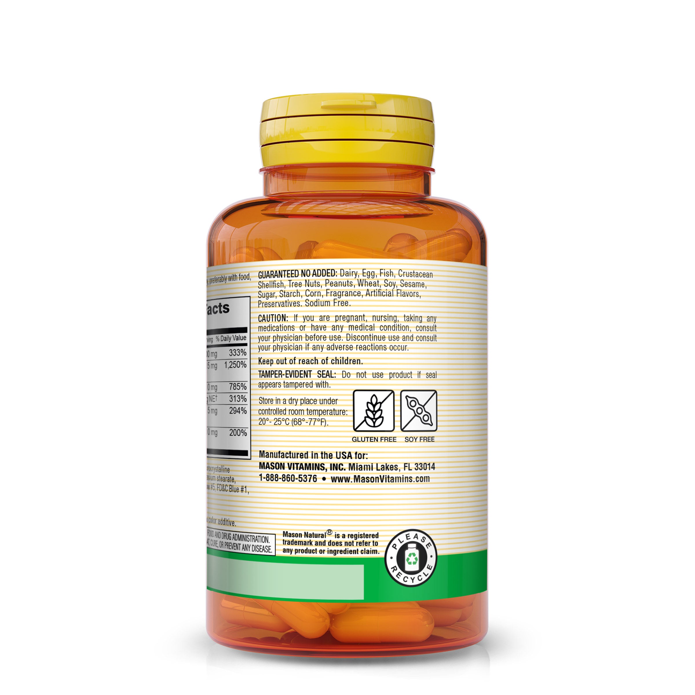 Mason Natural Vitamin B-Complex with Vitamin C – Nervous System & Energy Support, 100 Capsules. Image of side of supplements bottle.