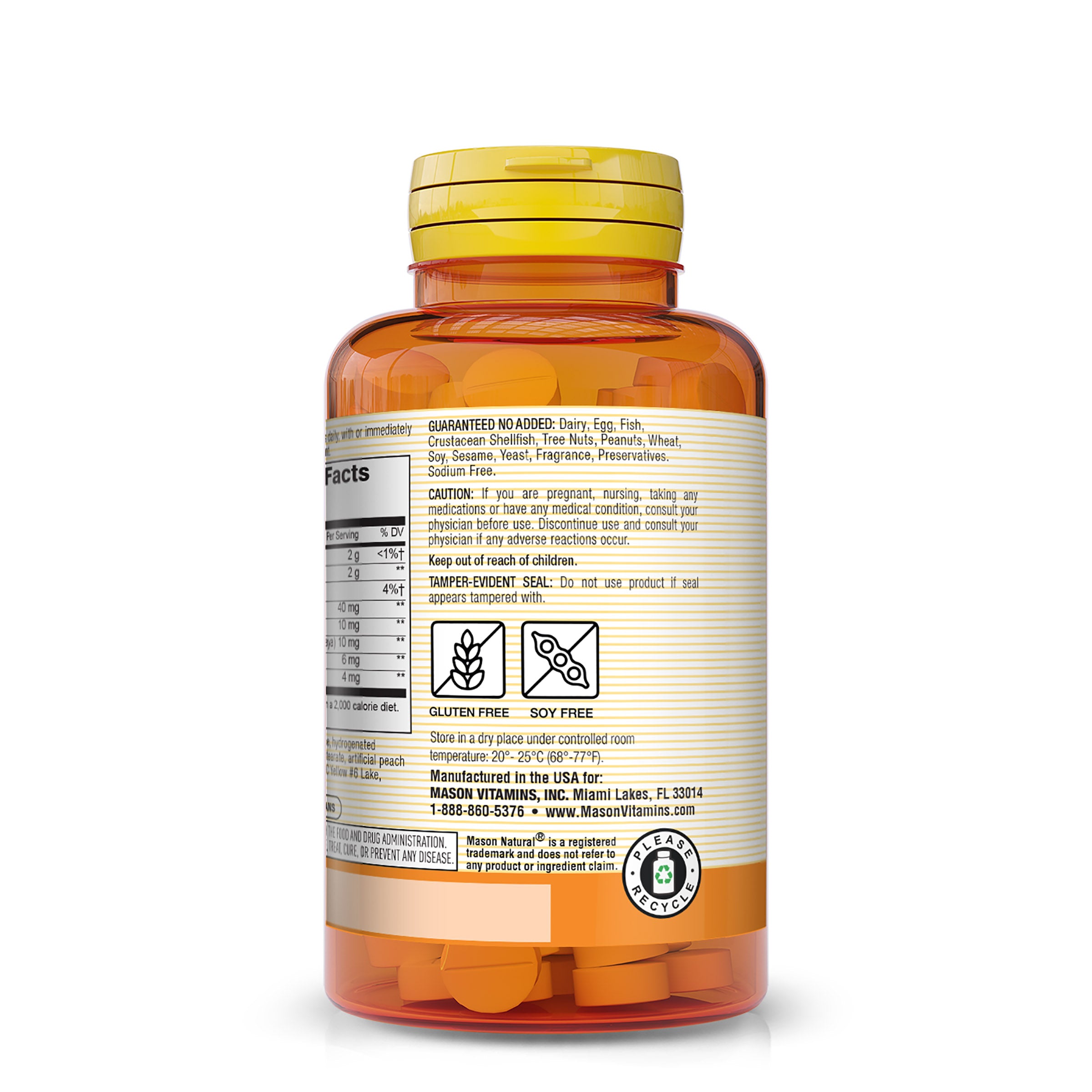 Mason Natural Papaya Digestive Enzyme Complex – Digestive & Nutrient Support, Peach Flavor, 100 Chewables Image of side of supplement bottle.