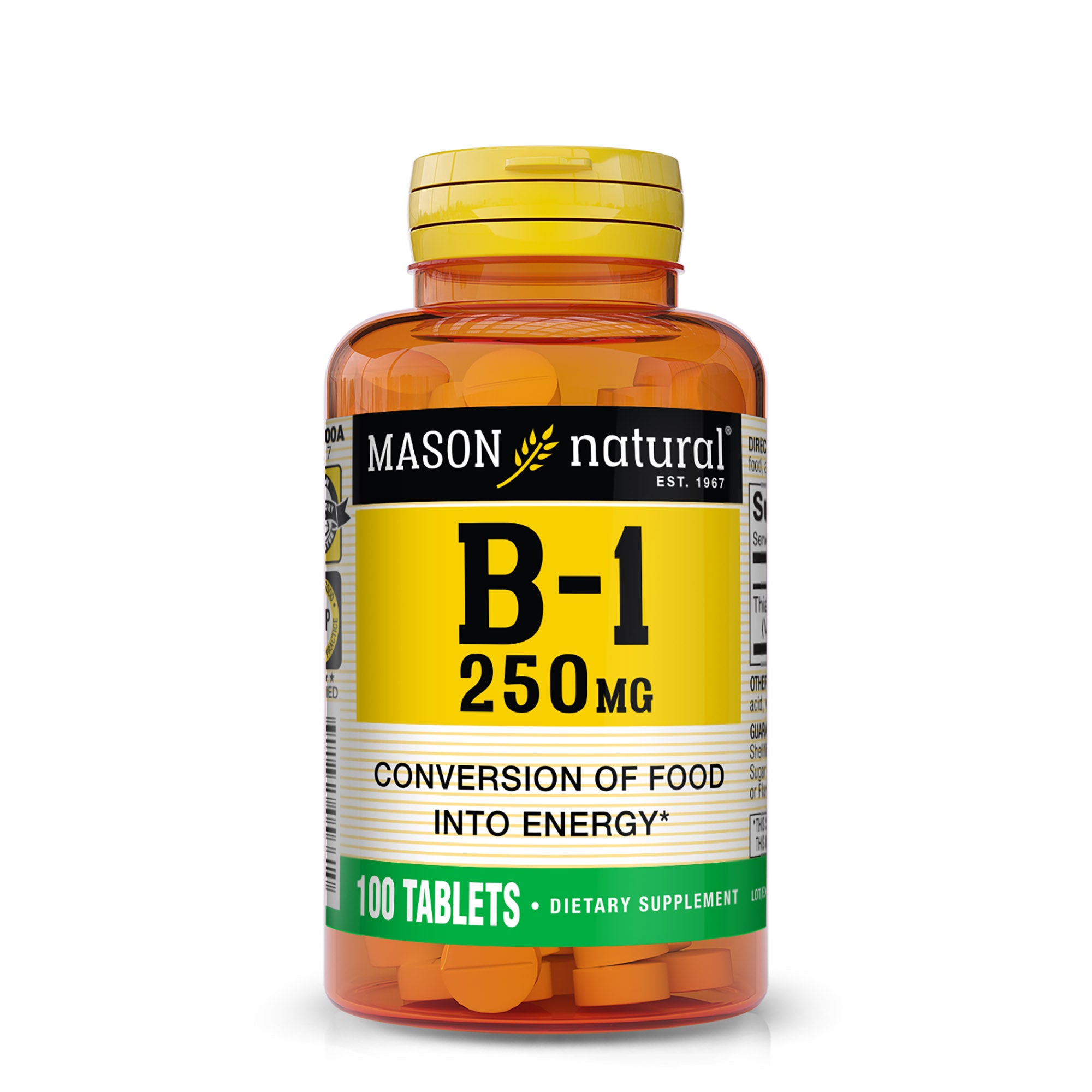 Mason Natural Vitamin B1 (Thiamine) 250 mg – Energy Metabolism & Nerve Support, 100 Tablets. Image of front of supplement bottle.