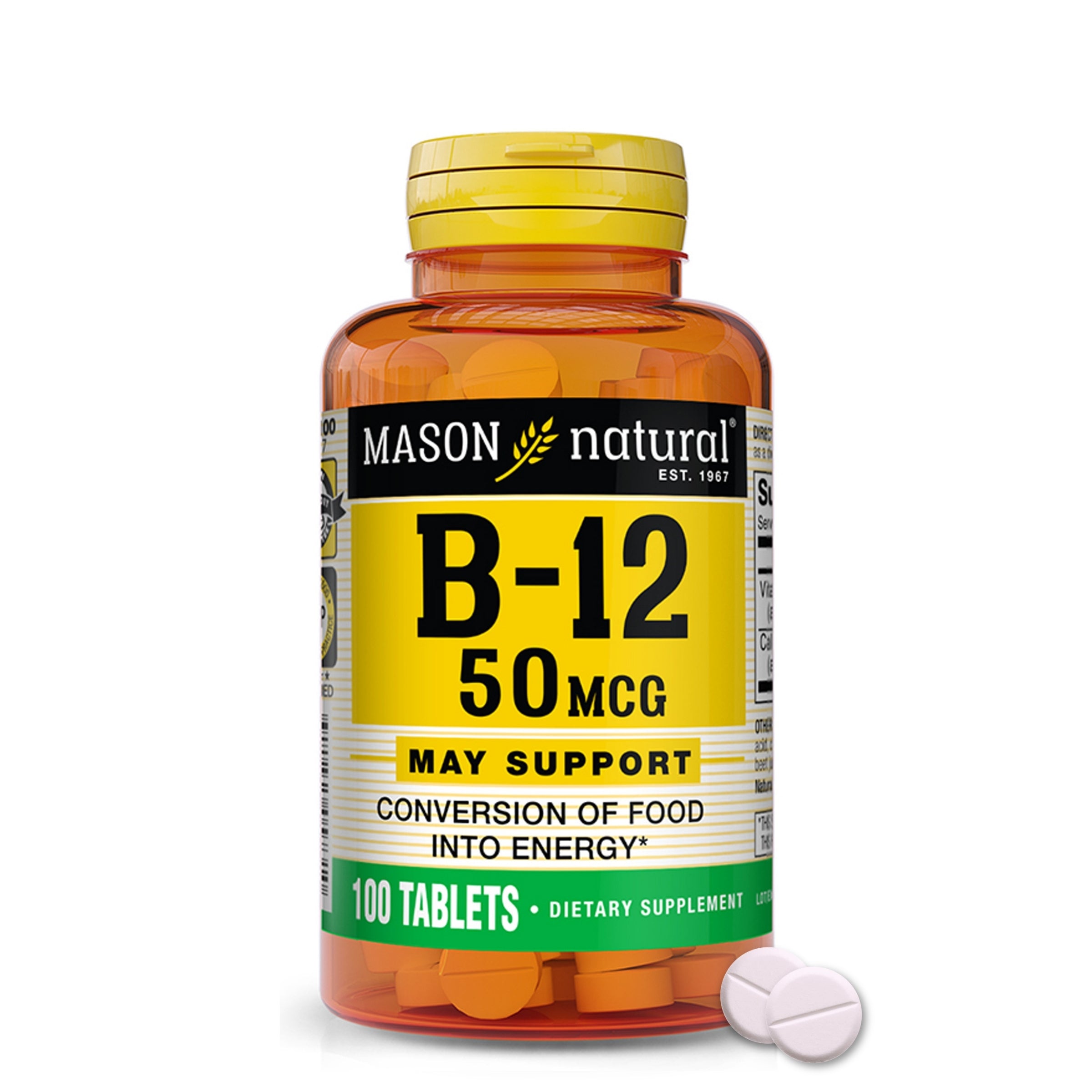 Mason Natural Vitamin B12 50mcg with Calcium – Nerve & Energy Support, 100 Tablets. Image of front of supplement bottle.
