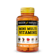 Mason Natural Daily Multiple Vitamins, Vitamins A, C, D3, E, B Complex, Folate and Calcium for Overall Health, 100 Tablets. Image of the front of the mini multi vitamins bottle.