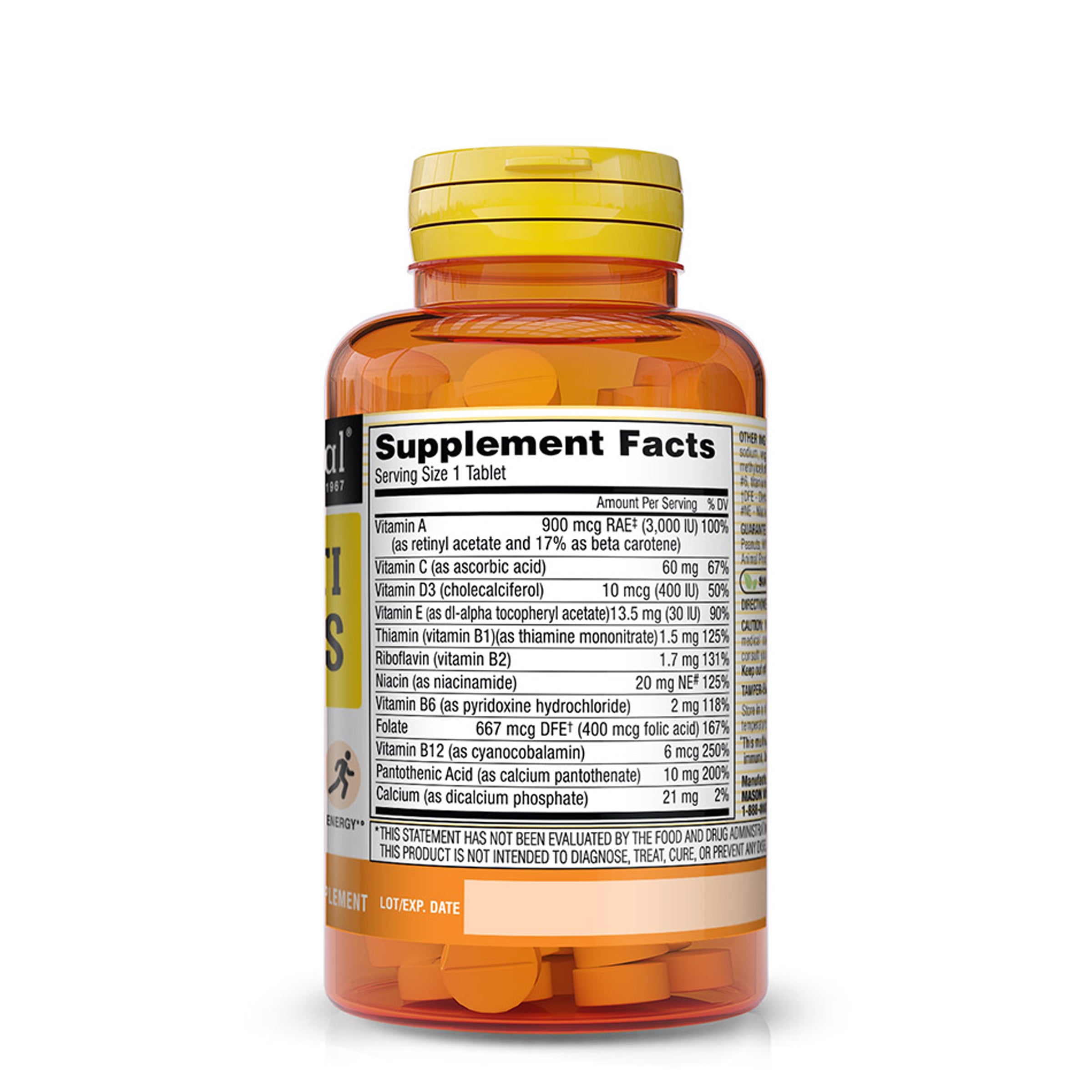 Mason Natural Daily Multiple Vitamins, Vitamins A, C, D3, E, B Complex, Folate and Calcium for Overall Health, 100 Tablets. Image of the back of the mini multi vitamins bottle.