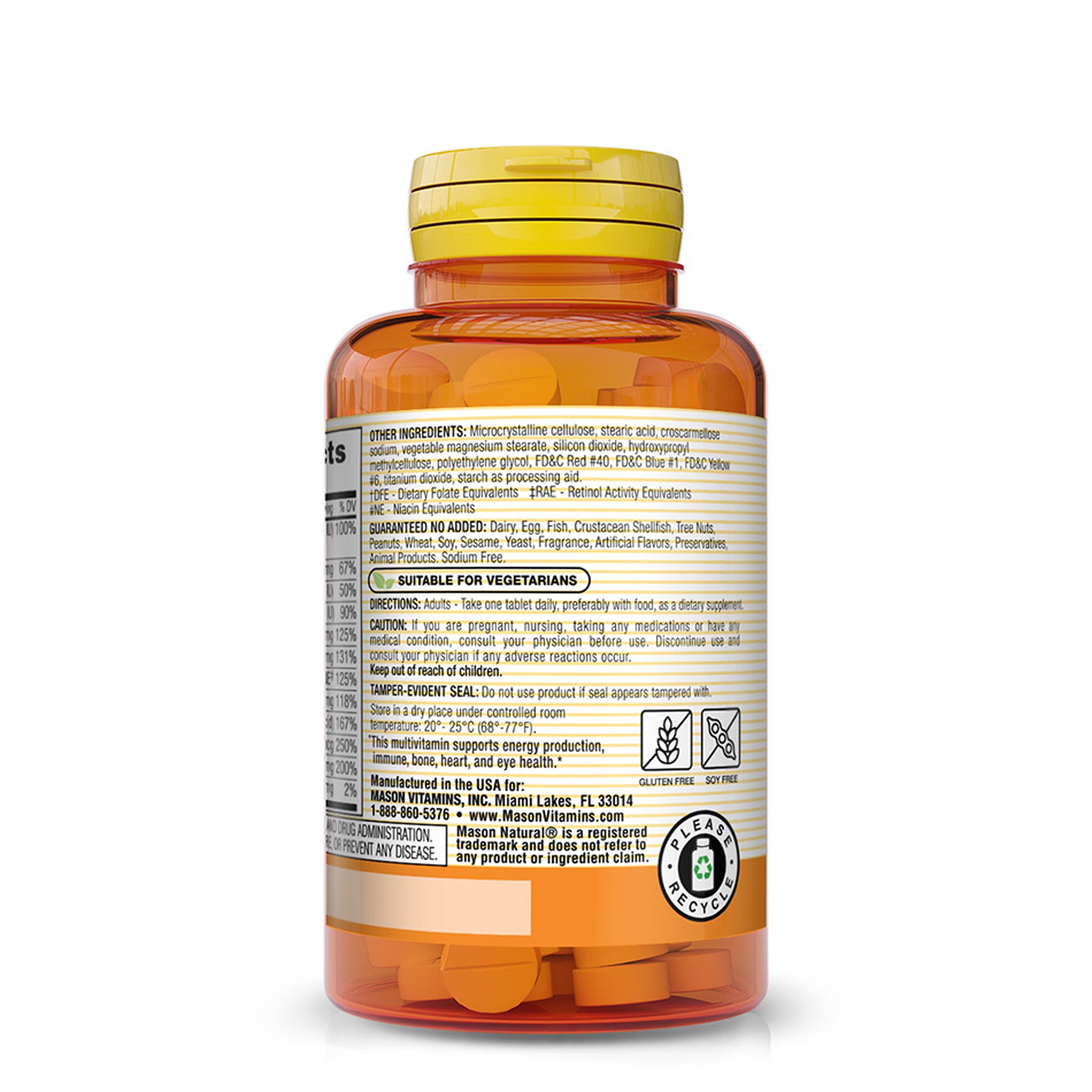 Mason Natural Daily Multiple Vitamins, Vitamins A, C, D3, E, B Complex, Folate and Calcium for Overall Health, 100 Tablets. Image of the side of the mini multi vitamins bottle.