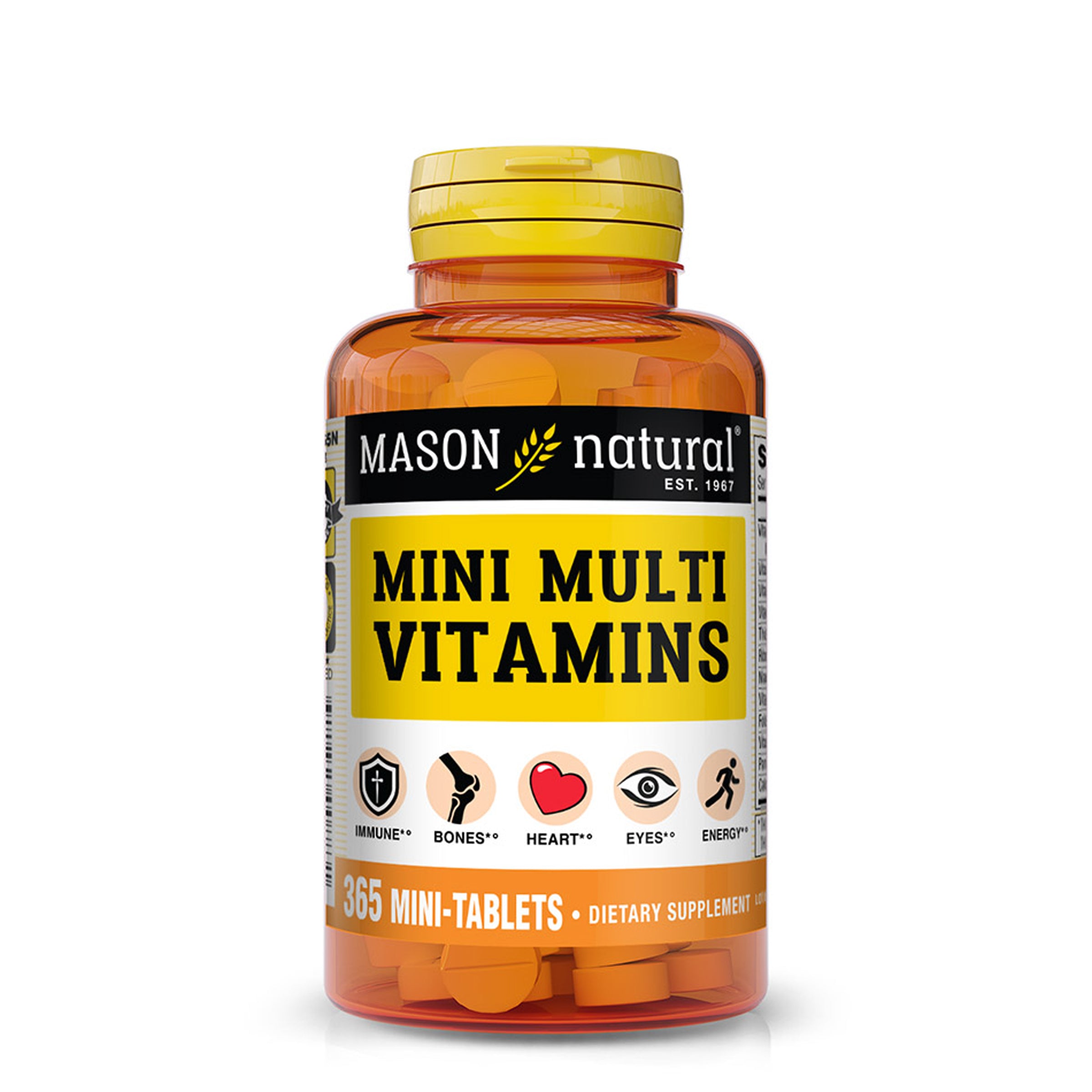 Mason Natural Daily Multiple Vitamins, Vitamins A, C, D3, E, B Complex, Folate and Calcium for Overall Health, 100 Tablets. Image of front of vitamins bottle for 365 mini-tablets.