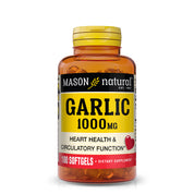 Mason Natural Garlic 1000mg - Healthy Heart & Circulatory Function Softgells. Image of front of bottle on white background.