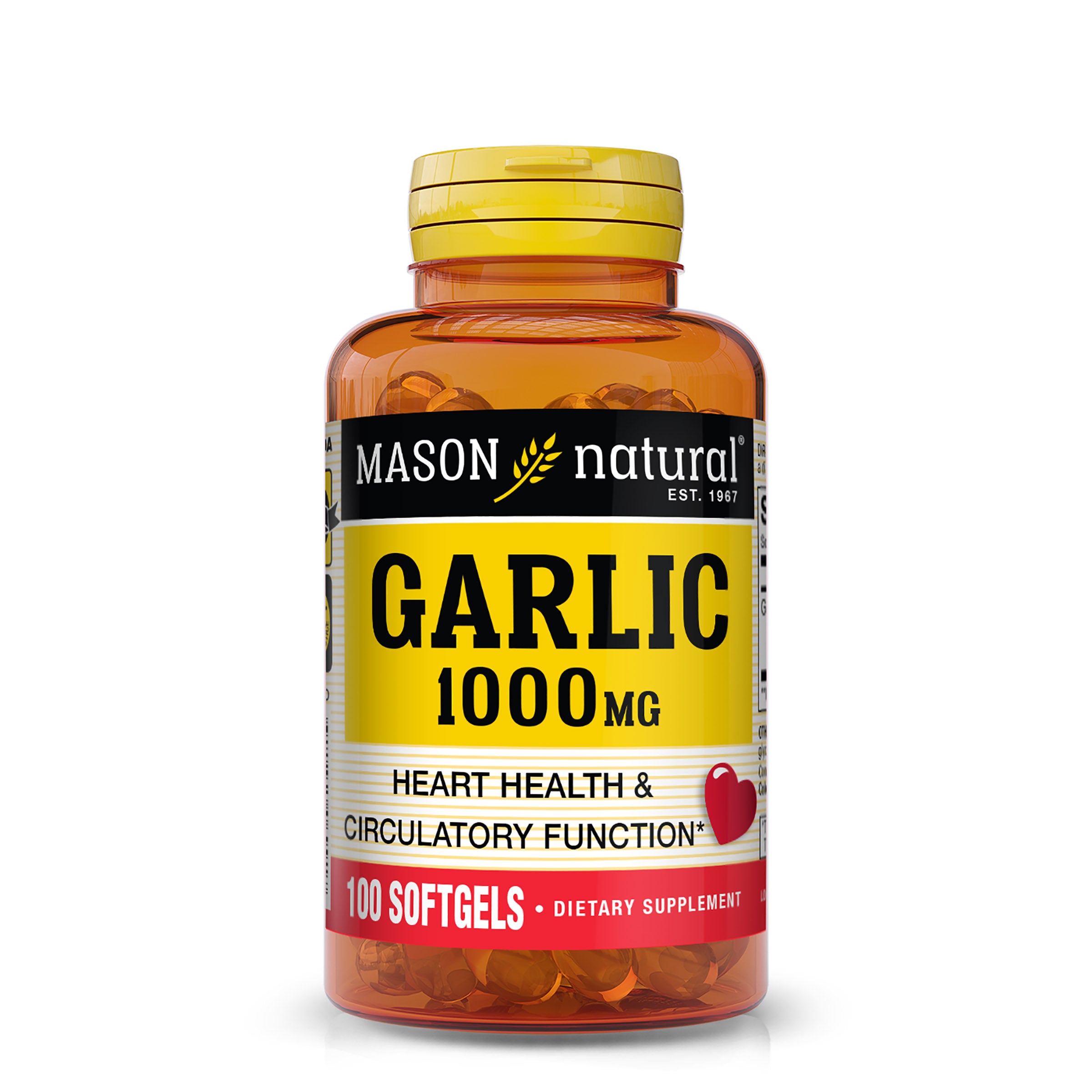 Mason Natural Garlic 1000mg - Healthy Heart & Circulatory Function Softgells. Image of front of bottle on white background.