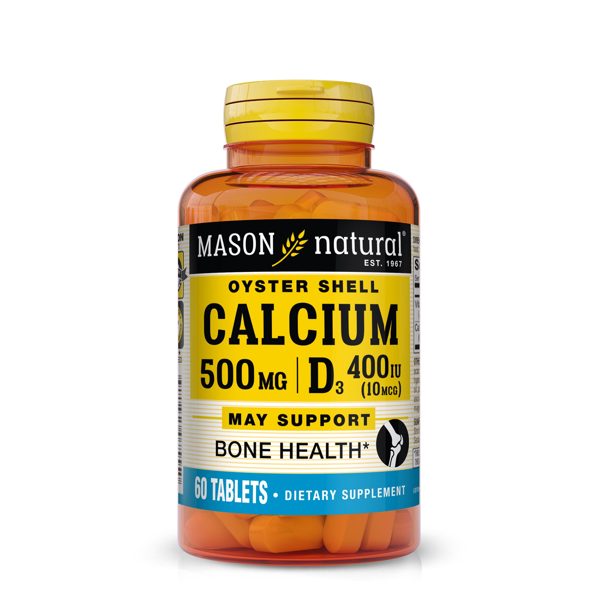 A bottle of Mason Natural Oyster Shell Calcium 500 mg with Vitamin D3, labeled for bone health, with 100 tablets. Front image of bottle.