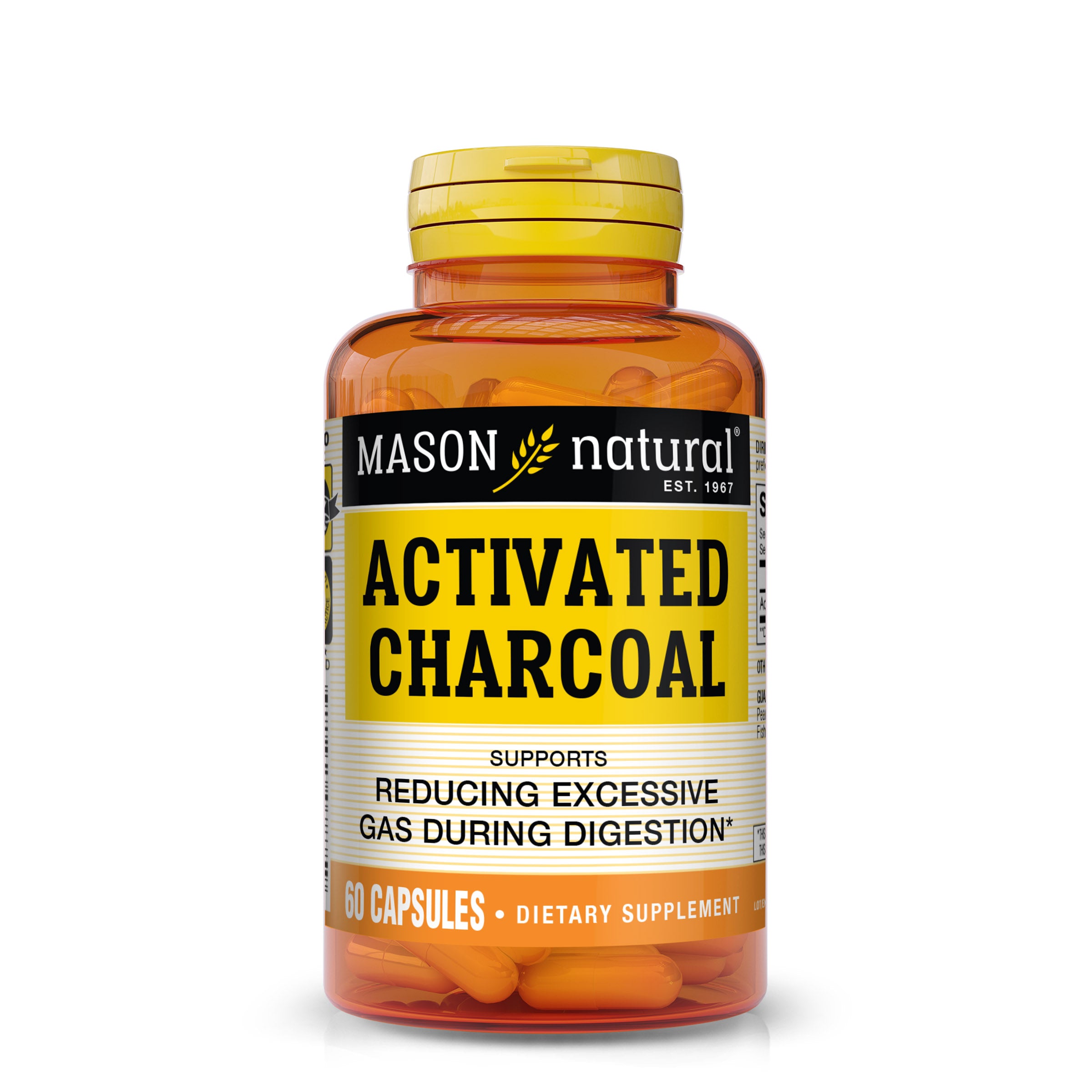 Mason Natural Activated Charcoal 520 mg – Digestion, Gas & Bloating Support, 60 Capsules. Image of front of supplement bottle.