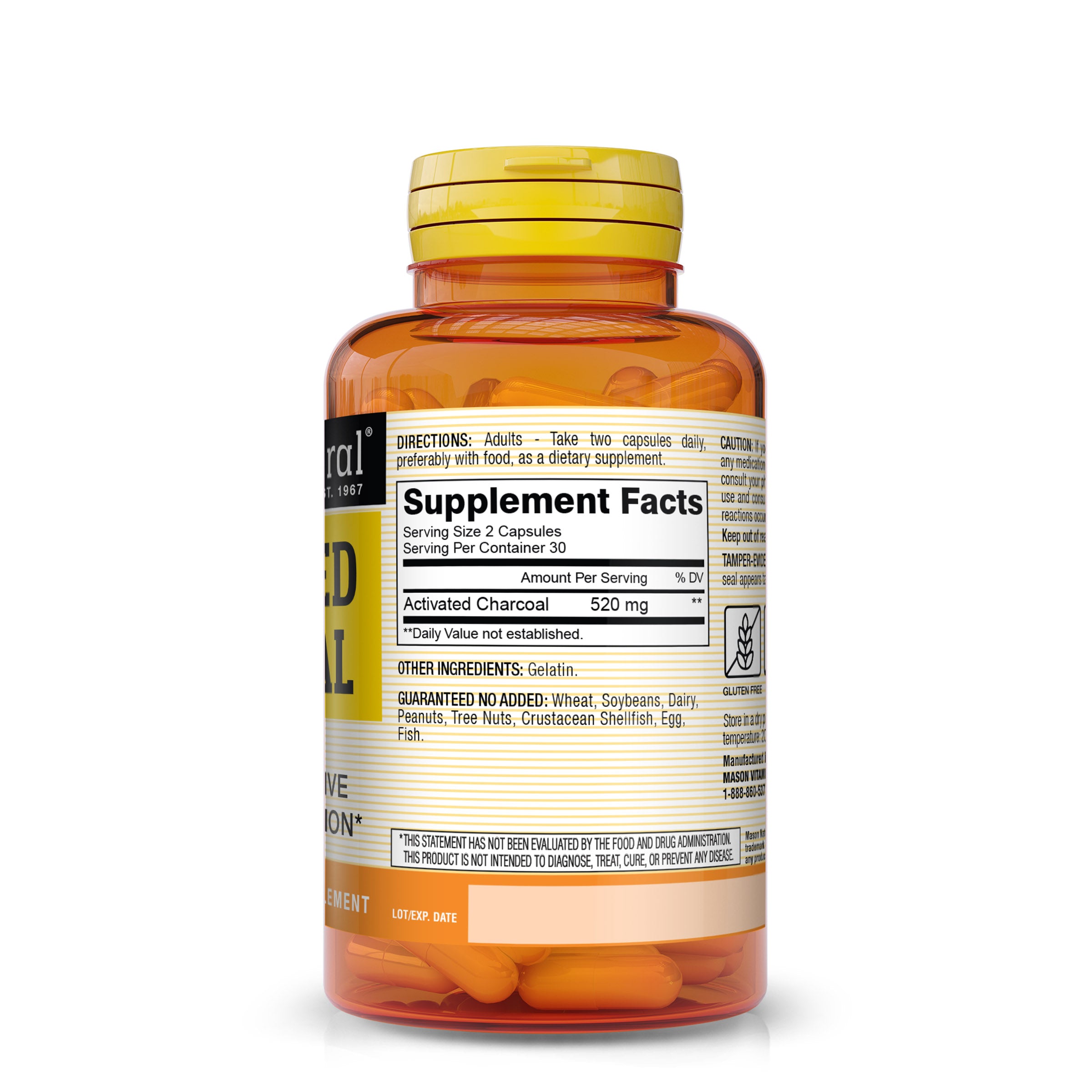 Mason Natural Activated Charcoal 520 mg – Digestion, Gas & Bloating Support, 60 Capsules. Image of back of supplement bottle.