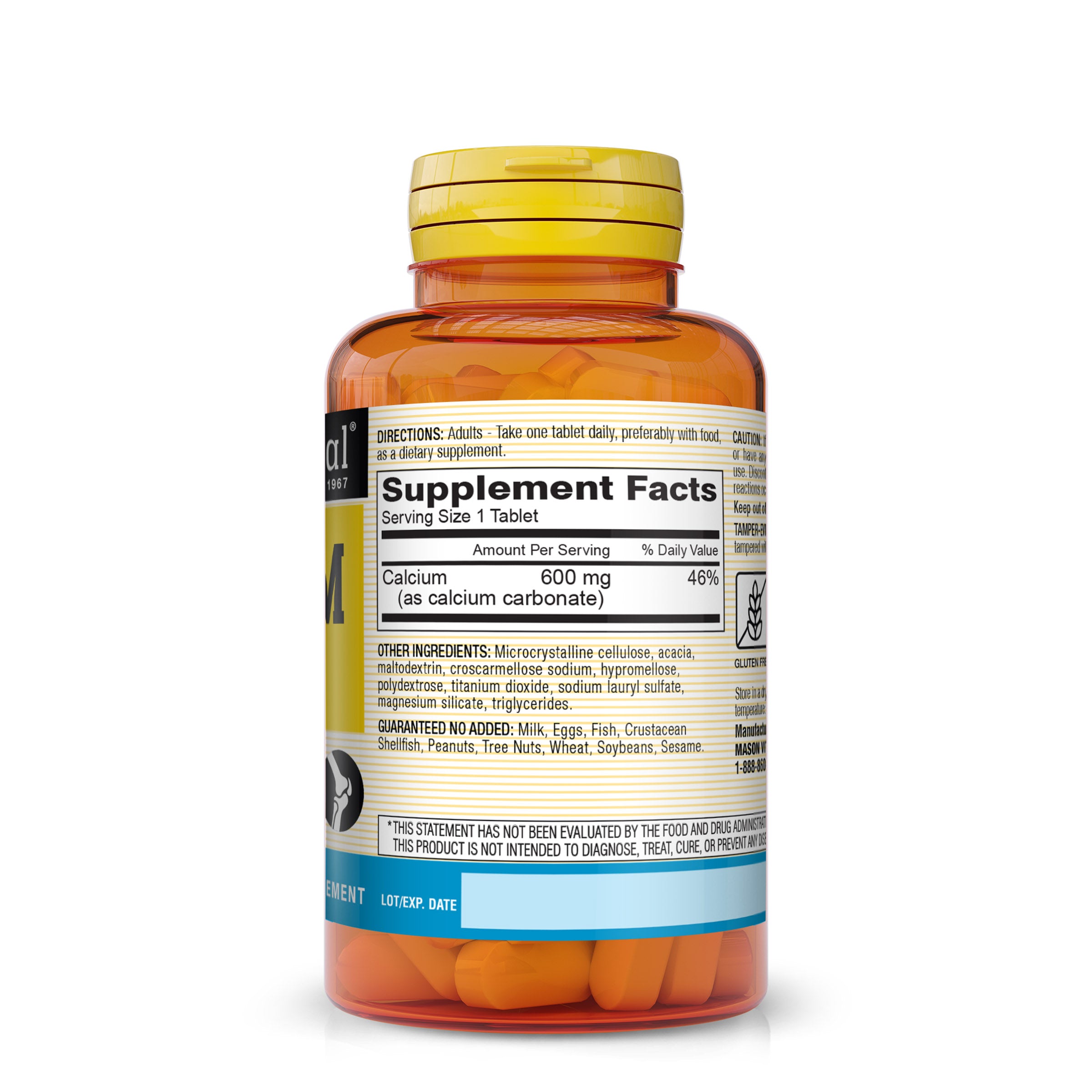 Mason Natural Calcium 600mg, Bone, Muscle, Overall Support, 100 Tablets. Image of back of bottle on white background.