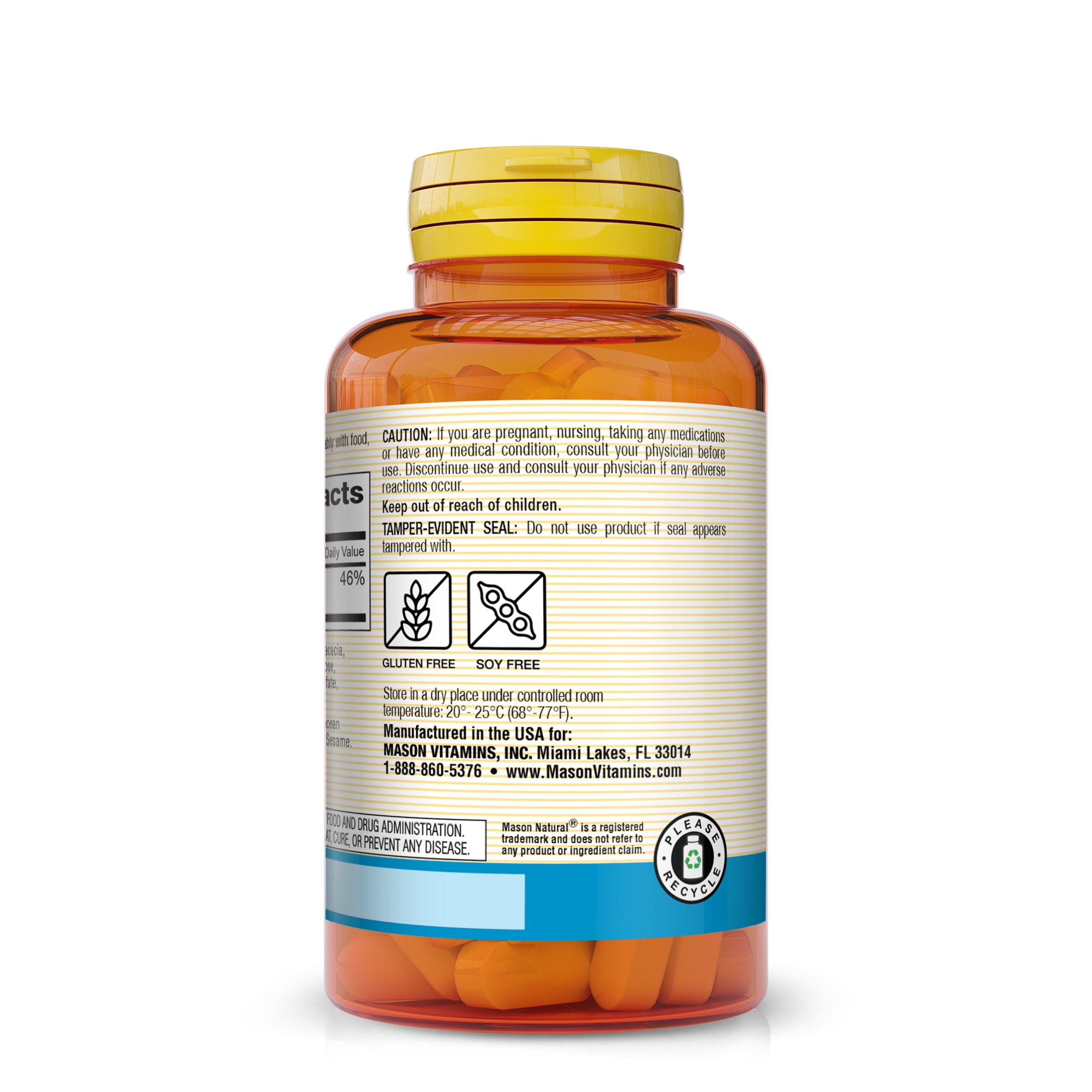 Mason Natural Calcium 600mg, Bone, Muscle, Overall Support, 100 Tablets. Image of side of bottle on white background.