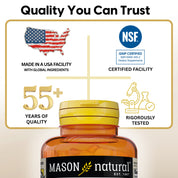 Mason Natural Papaya Digestive Enzyme Complex  - Healthy Digestive Function, Promotes Nutrient Absorption, Peach Flavor, 100 Chewables. Image of Mason Natural supplement bottle with quality assurance features like NSF and GMP Certified Facility on a beige background.