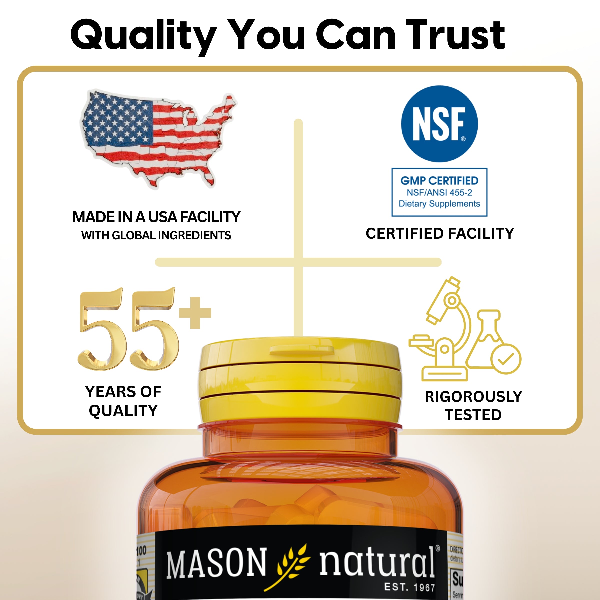 Mason Natural Highly Absorbable Magnesium Glycinate 360 mg - 180 Veggie Capsules. Image of supplement bottle with quality assurance features on a beige background.