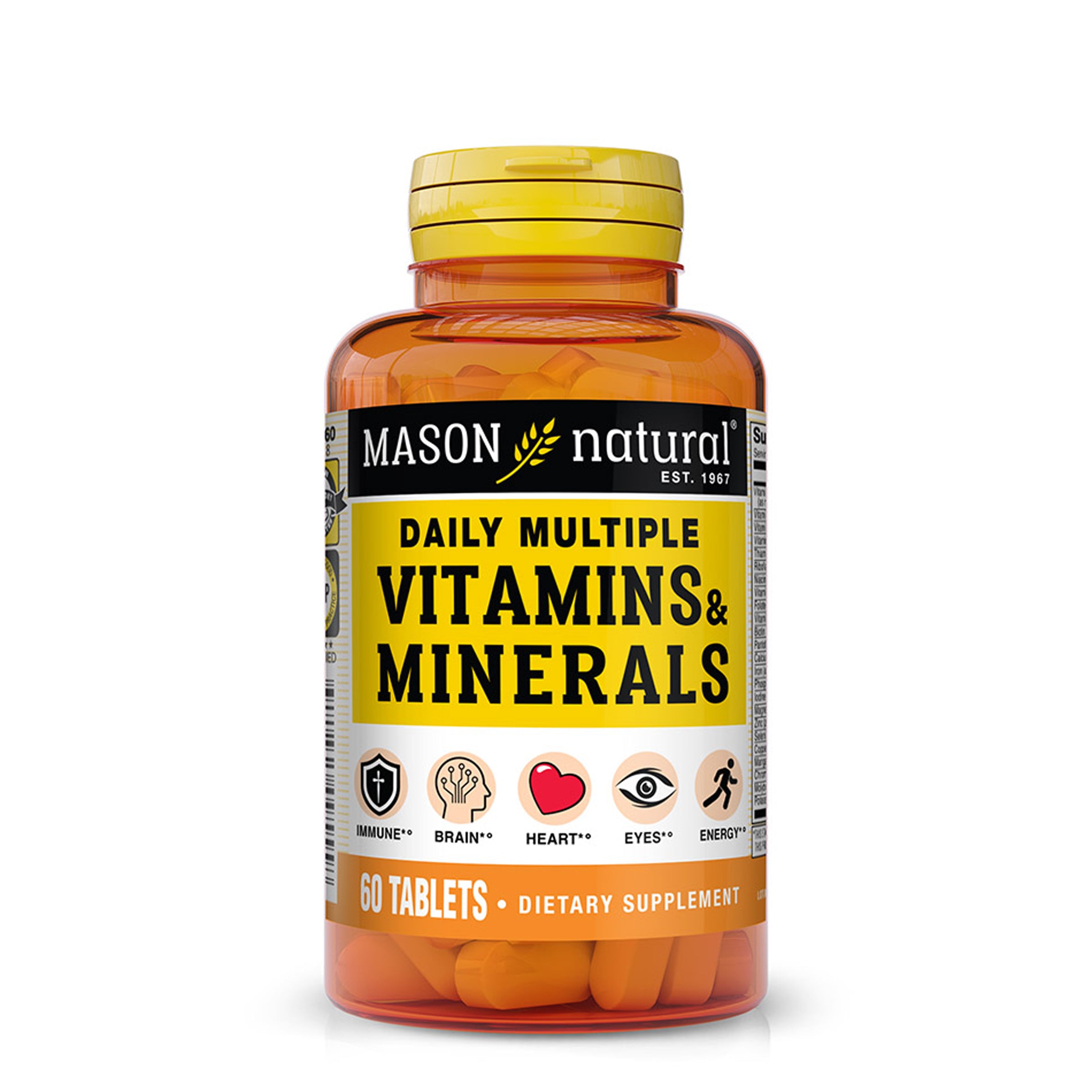 Mason Natural Daily Multiple Vitamins with Minerals - 60 Tablets. Image of front of supplement bottle.