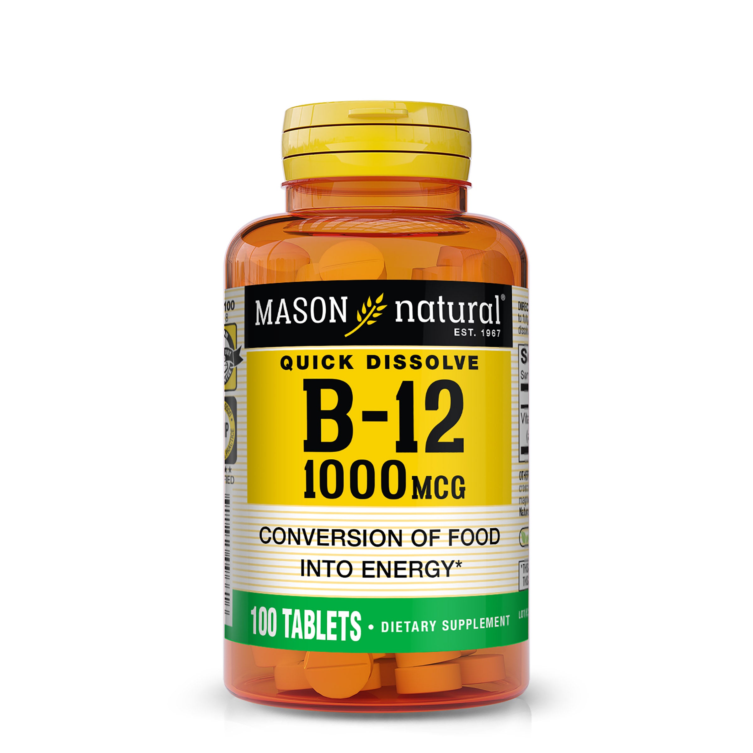 Mason Natural Vitamin B12 1000 mcg Quick Dissolve –  100 Tablets. Front image of supplement bottle.