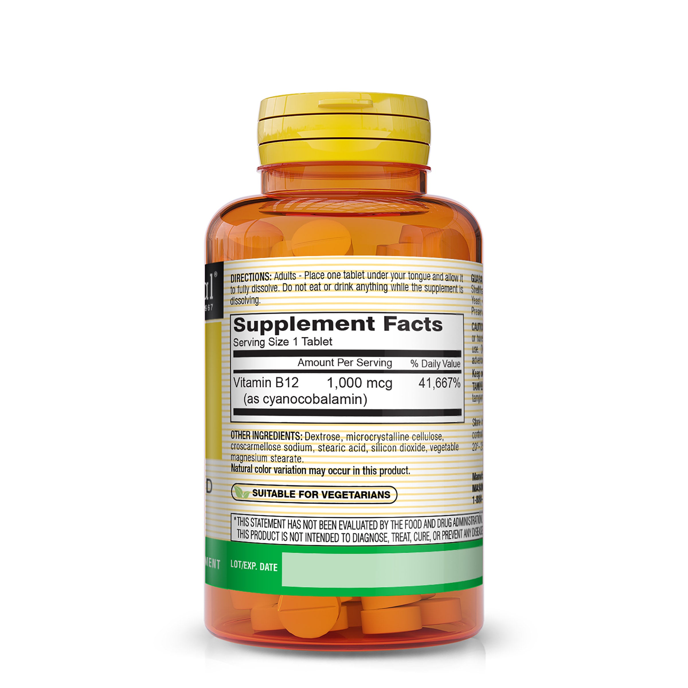 Mason Natural Vitamin B12 1000 mcg Quick Dissolve –  Tablets. back image of supplement bottle.