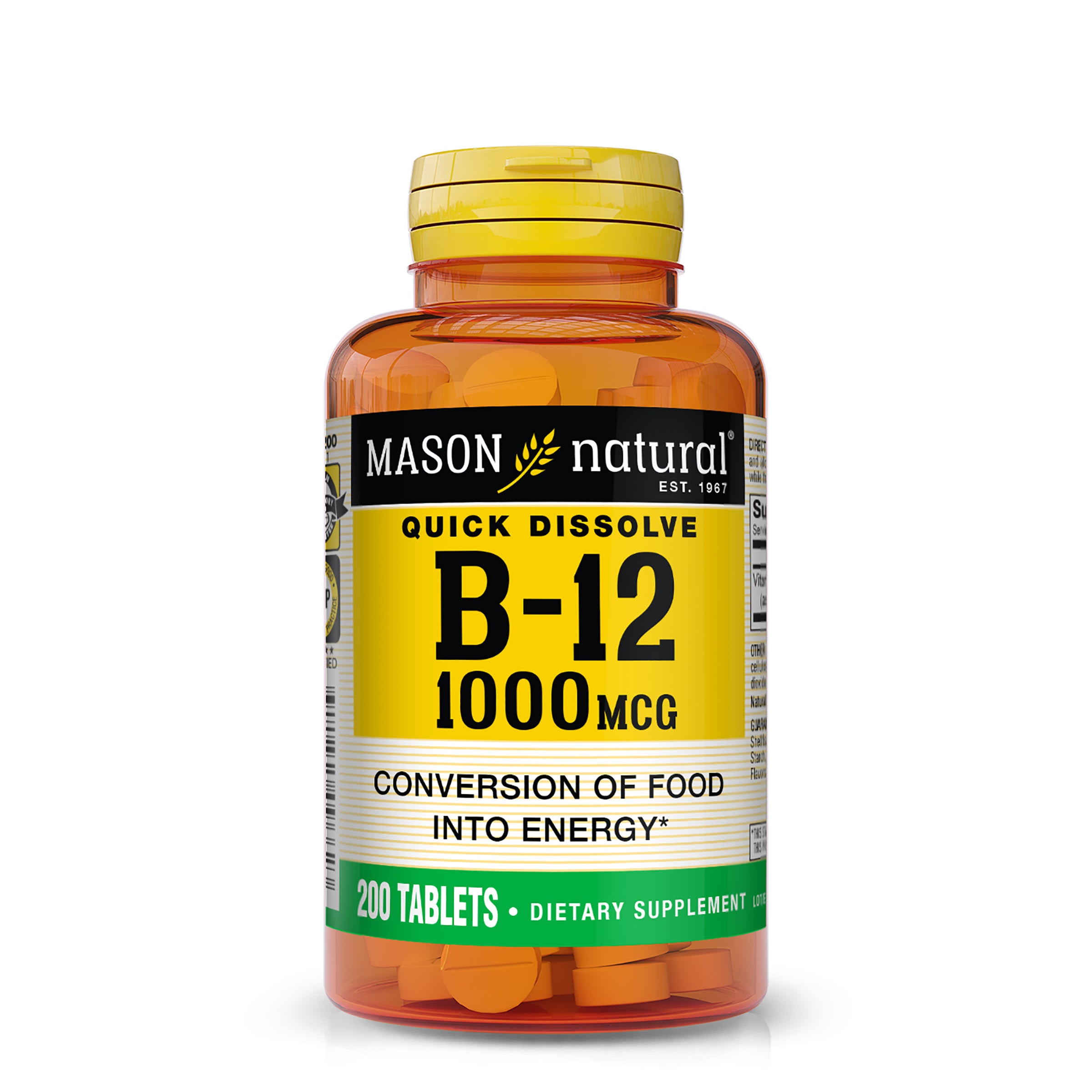 Mason Natural Vitamin B12 1000 mcg Quick Dissolve –  200 Tablets. Front image of supplement bottle.